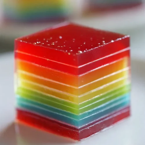 Colorful layered rainbow jello dessert served in clear cups