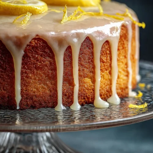 Delicious lemon cake topped with fresh lemon slices and glaze
