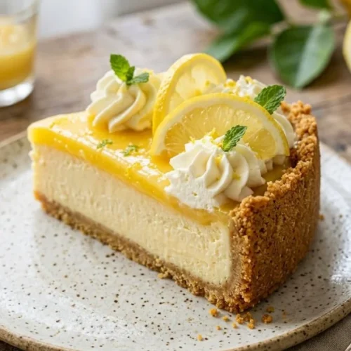 Delicious slice of lemon cheesecake topped with fresh lemon slices and mint