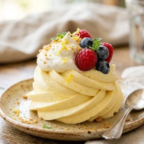 Delicious Lemon Cheesecake Mousse with a zesty lemon topping