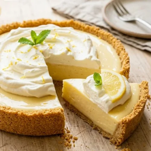 Slice of Lemon Icebox Pie on a plate garnished with lemon slices and mint.
