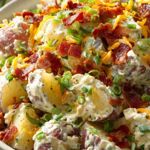 Loaded Baked Potato Salad with cheese, bacon, and green onions