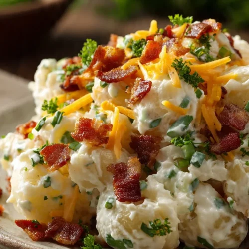 Bowl of loaded baked potato salad topped with cheese, bacon, and green onions