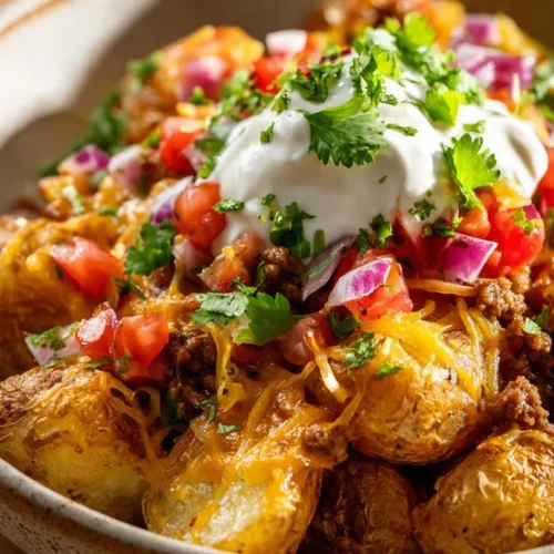 Delicious Loaded Fiesta Potato Bowls with toppings and fresh ingredients