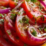 Bowl of marinated tomatoes with herbs and spices