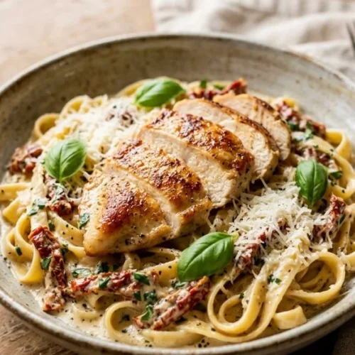 Delicious bowl of Marry Me Chicken Pasta with creamy sauce and herbs