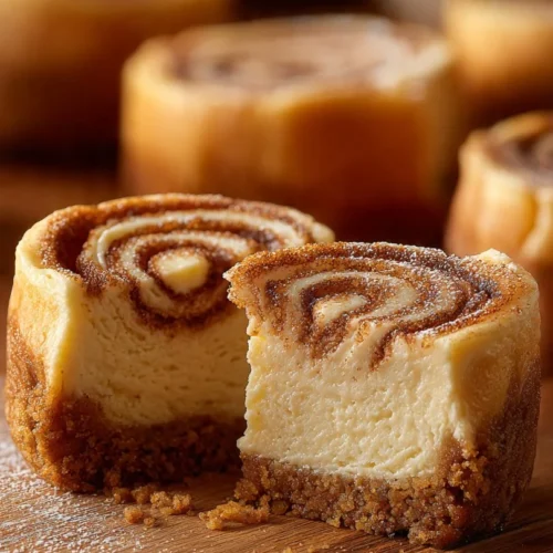 Mini cinnamon roll cheesecakes with a swirl of cinnamon and cream cheese frosting