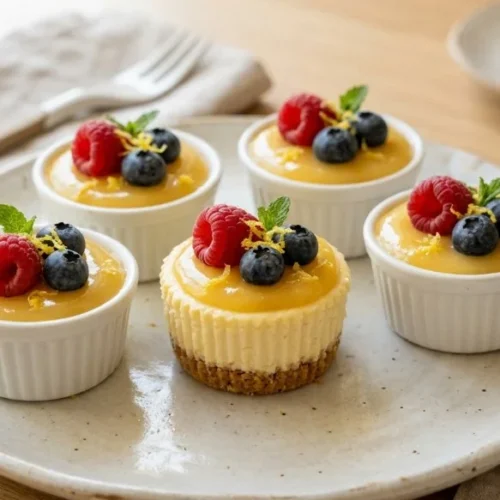 Mini lemon cheesecake cups served on a plate, topped with lemon zest.