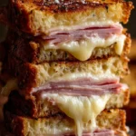 Monte Cristo breakfast casserole with layers of ham, cheese, and egg mixture.