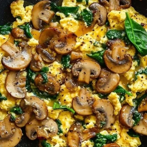 Delicious Mushroom Spinach Scrambled Eggs served on a plate.