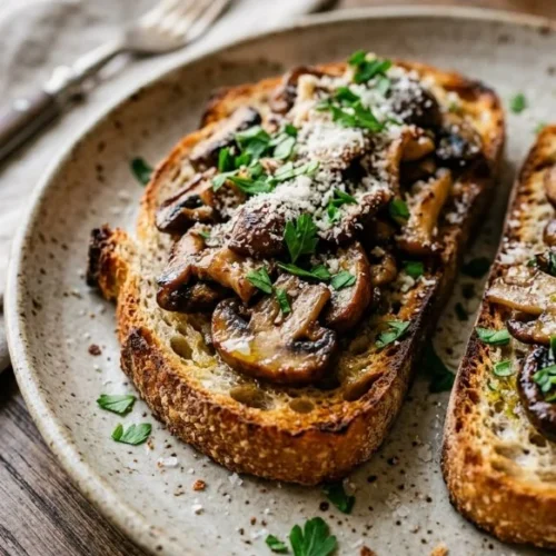 Plate of gourmet mushroom toasts topped with herbs and cheese
