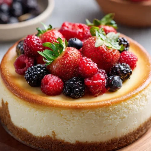 Slice of New York-Style Cheesecake with a graham cracker crust and berry topping.