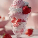 Ninja Creami strawberry frozen yogurt in a bowl topped with fresh strawberries.