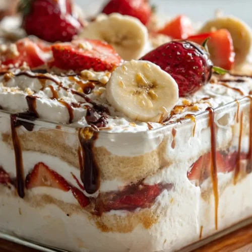 No-Bake Banana Split Cake with layers of banana, cream, and chocolate