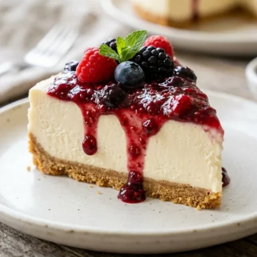 Delicious no-bake cheesecake topped with fresh berries on a white plate.