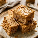 No bake peanut butter rice krispie treats stacked on a plate