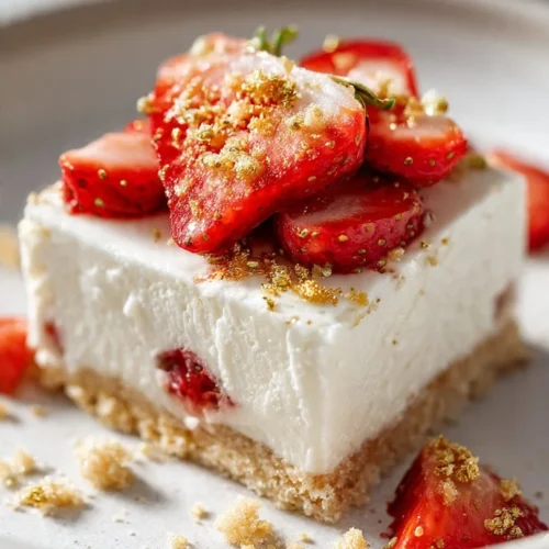 Delicious no-bake strawberry dessert on a plate garnished with fresh strawberries.