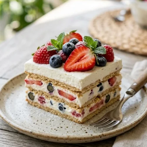 No Bake Summer Berry Icebox Cake layered with fresh berries and creamy filling
