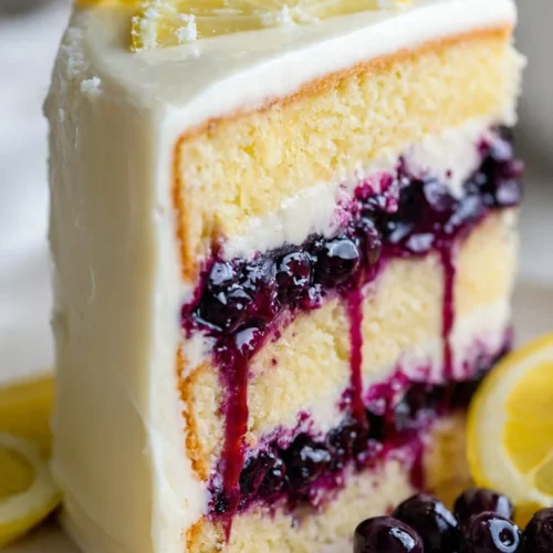 Zesty lemon blueberry cake topped with fresh blueberries and lemon zest