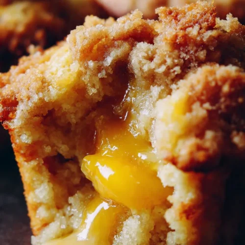 Freshly baked Peach Cobbler Muffins topped with caramelized peaches and spices.