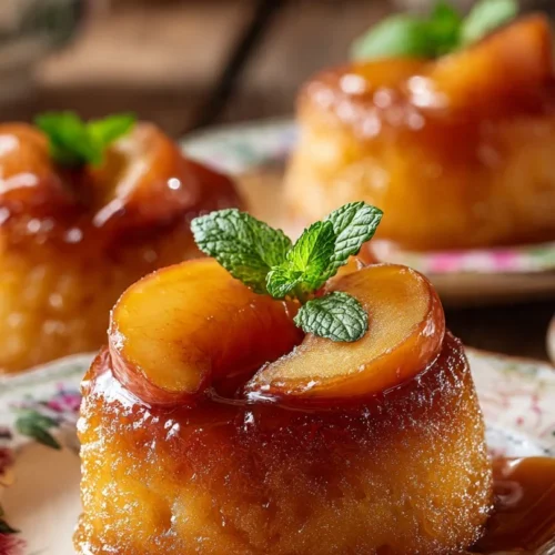 Delicious peach upside down cupcakes with caramelized peaches on top
