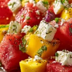 Delicious Peach Watermelon Salad with fresh fruit served in a bowl