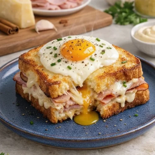 Delicious homemade Croque Madame with melted cheese and a fried egg.