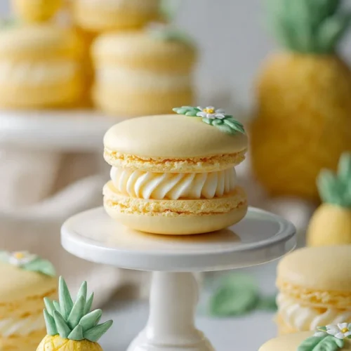 Delicious Pina Colada Macarons with tropical flavors and creamy filling.