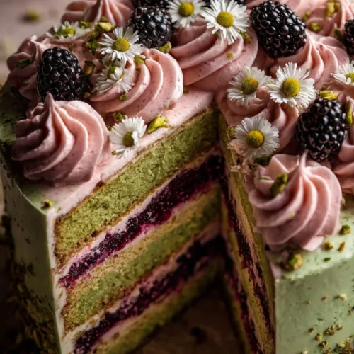 Delicious Pistachio Blackberry Cake with olive oil topped with fresh blackberries and nuts