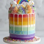 A vibrant slice of Rainbow Cake showcasing multiple colorful layers.