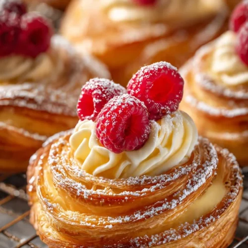 Raspberry Cream Cheese Cruffins with flaky pastry and creamy filling