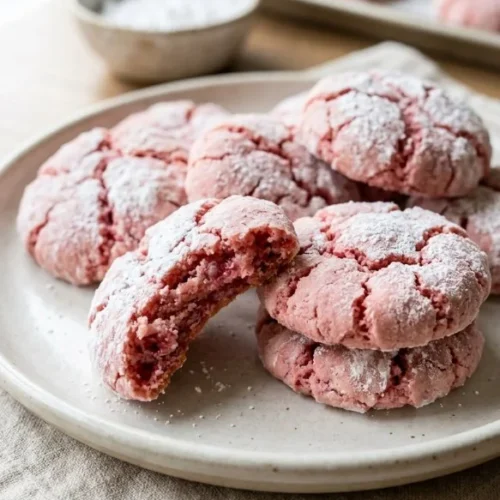 Raspberry Crinkle Cookies with a dusting of powdered sugar on a white plate
