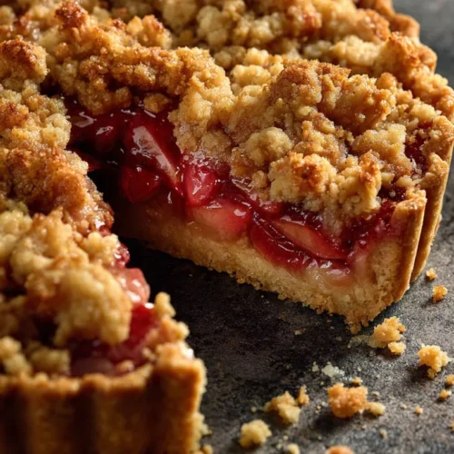 Delicious rhubarb crumble pie served fresh, showcasing a crumbly topping and vibrant filling.