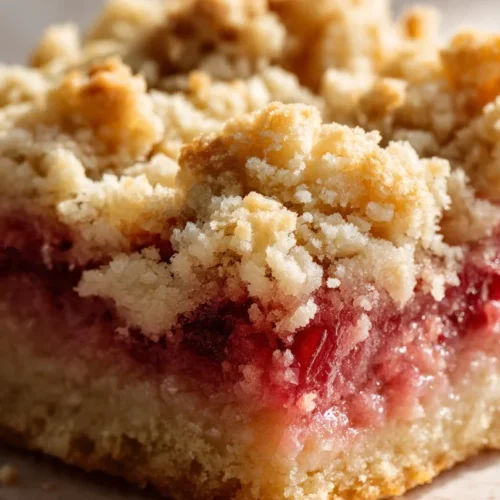 Delicious rhubarb crumble squares served on a white plate with fresh rhubarb