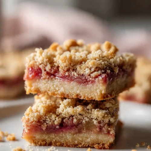 Homemade rhubarb oat bars fresh from the oven on a wooden table