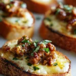 Sausage and Stracchino Bruschetta topped with fresh herbs