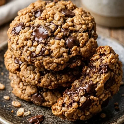 Plate of Rice Krispie chocolate chip cookies with a crispy texture and chocolate chips