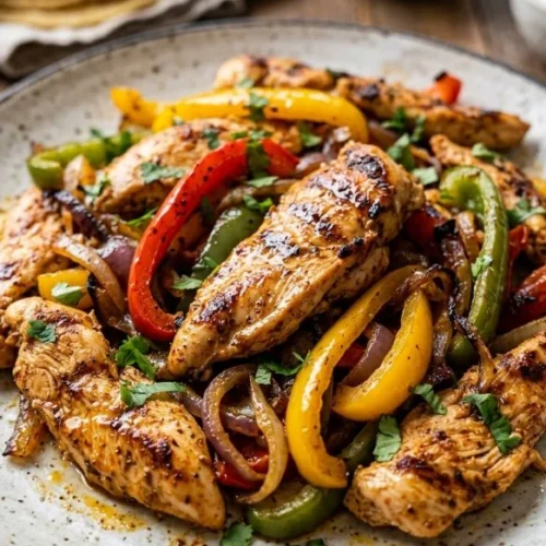 Sheet pan chicken fajitas with peppers and onions ready to serve.