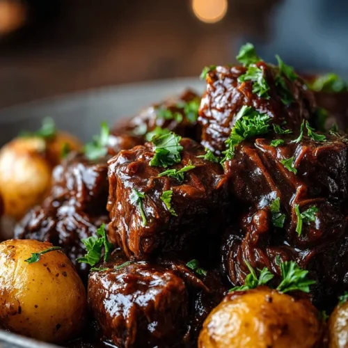 Plate of slow cooker garlic butter beef with potatoes and herbs