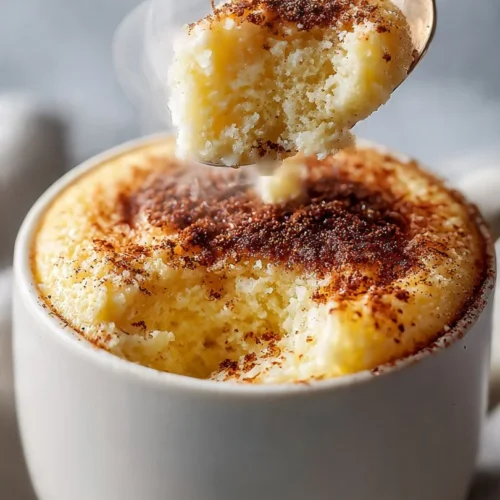 Delicious snickerdoodle mug cake topped with cinnamon and sugar in a cozy mug