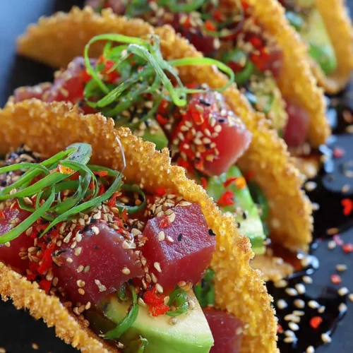 Spicy Tuna Tartare Wonton Tacos garnished and ready to serve.