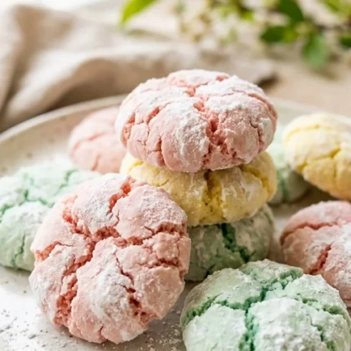 Springtime Crinkle Cookies with sugar dusting on a plate