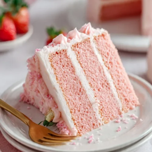 Homemade strawberry cake with cream cheese frosting, decorated with fresh strawberries
