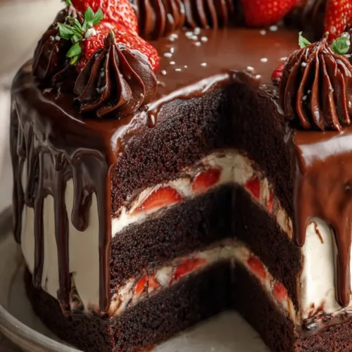 Delicious Strawberry Chocolate Shell Cake with rich chocolate coating and fresh strawberries.