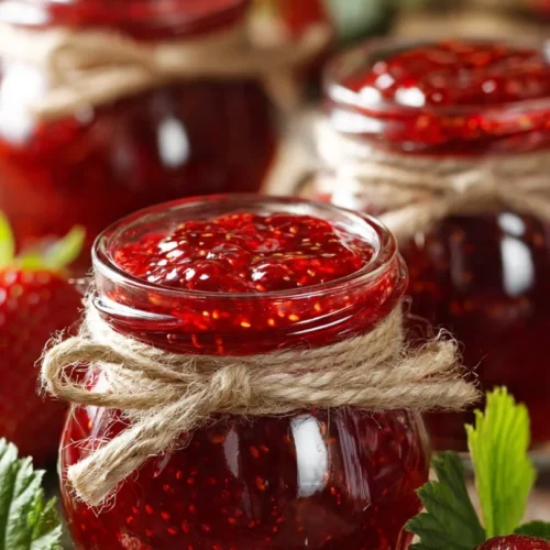 Homemade strawberry rhubarb jam in a jar with fresh strawberries and rhubarb
