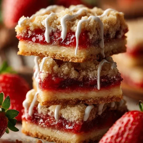 Delicious strawberry shortcake bars topped with fresh strawberries and whipped cream.