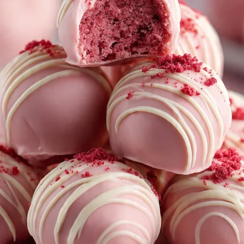 Strawberry shortcake truffles on a white plate, topped with fresh strawberries.