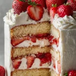 Delicious Strawberry Vanilla Cake topped with fresh strawberries and whipped cream
