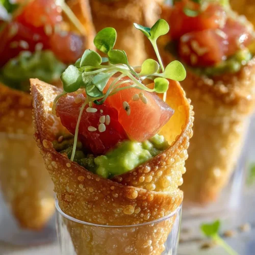 Sushi wonton cones filled with fresh seafood and vegetables