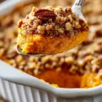 Delicious homemade sweet potato casserole topped with marshmallows and nuts